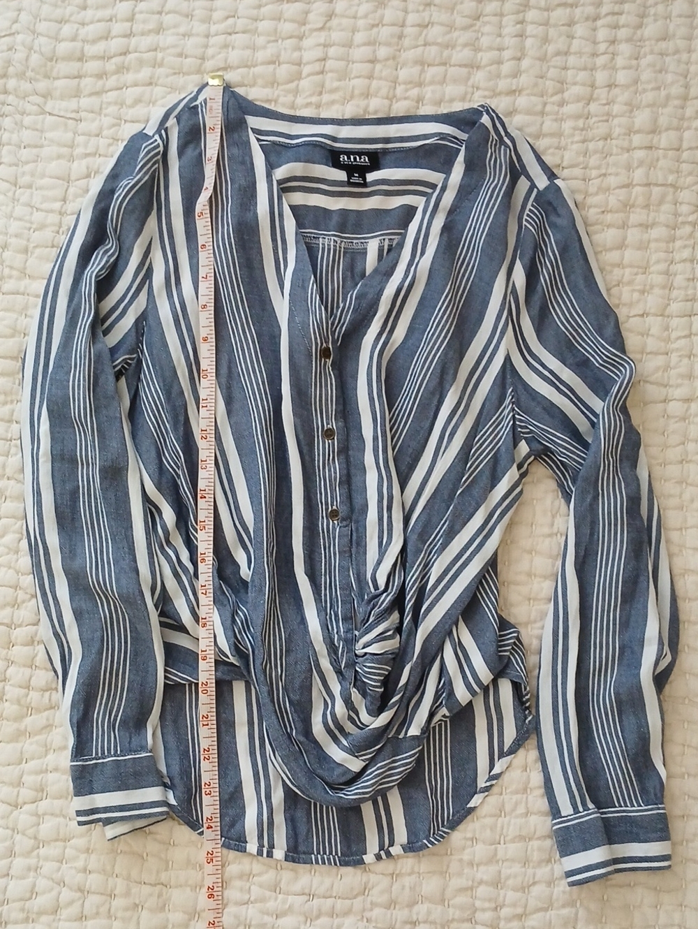 a.n.a Navy and White Striped Twist-Front Button Blouse